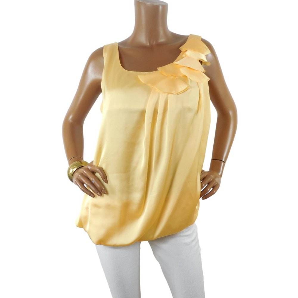 PIANO Top L Yellow Silky Blouse Ruffle Trim Draped Hem Pleats Sleeveless Shirt - Picture 6 of 9